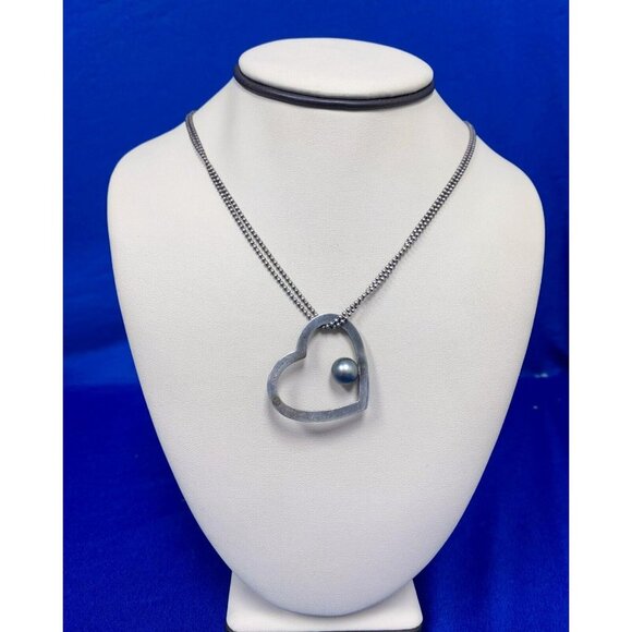 Designer WW Hallmark Sterling Silver‎ & Grey Pearl Open Heart 18” Necklace! 110 - Picture 1 of 8